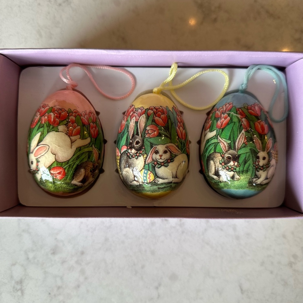 3 Easter Egg Ornaments - vintage blown out eggs covered in papier-mâché.